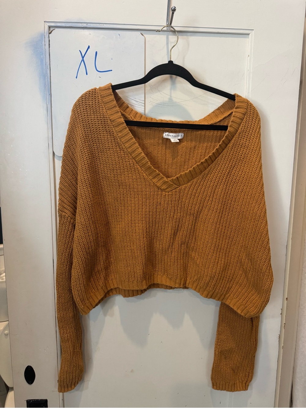 100% Cotton Cropped Aéropostale Chunky Knit V-Neck Sweater - Mustard